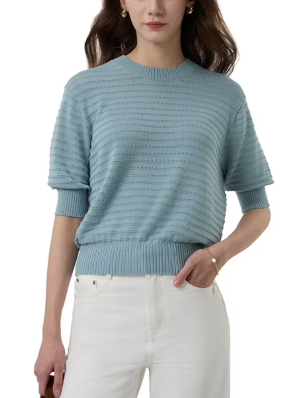 NEW NWT FRYE Pale Blue Boxy Eyelet-Striped Knit Top size XL 100% Cotton